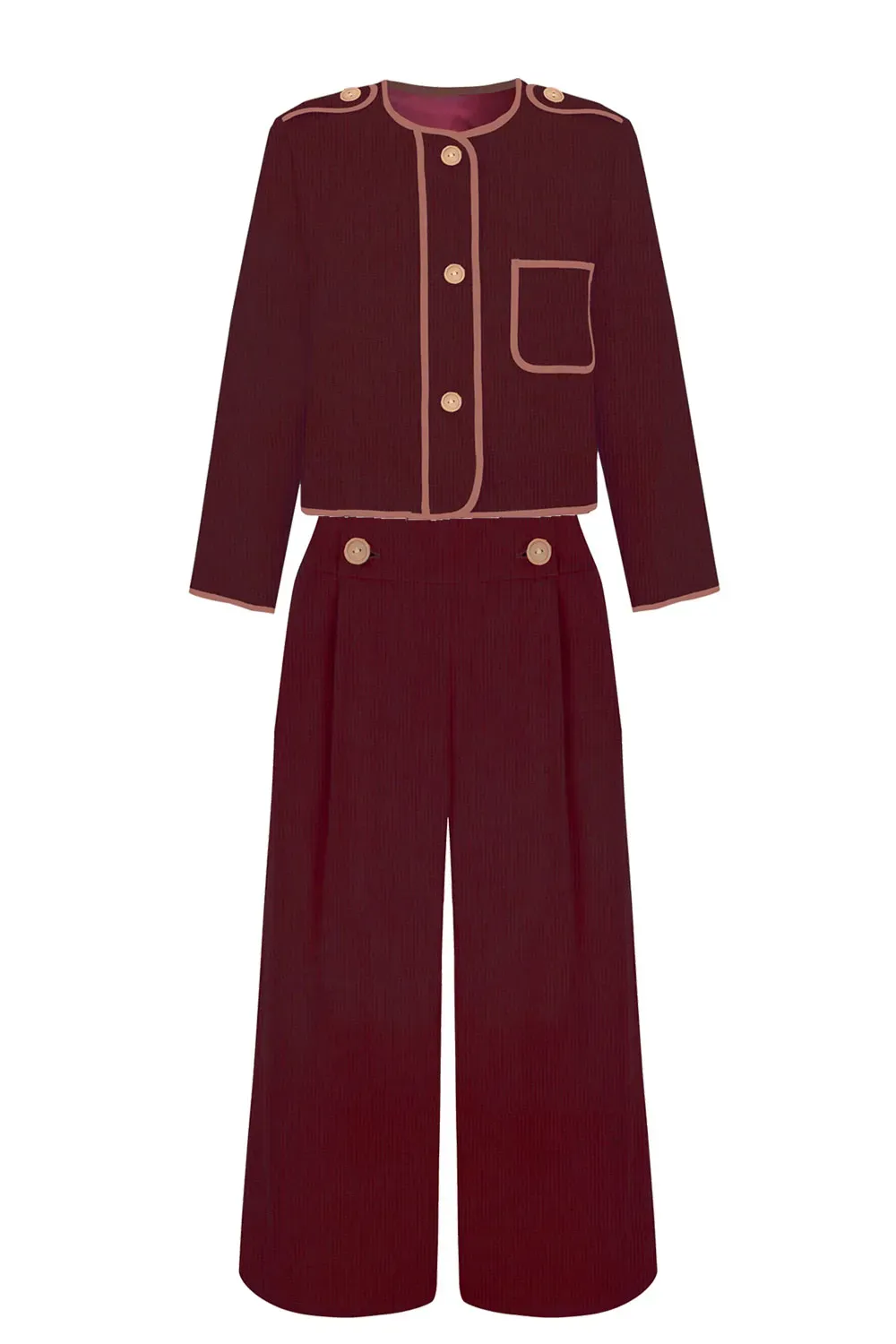 Conjunto granate de chaqueta Kaiku y pantalón Elkano, confeccionado en algodón orgánico en Euskadi. Edición limitada.