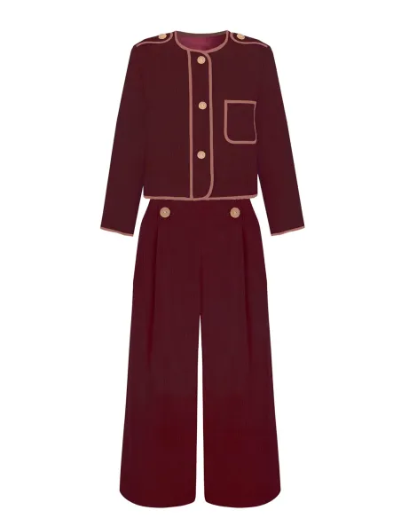 Conjunto granate de chaqueta Kaiku y pantalón Elkano, confeccionado en algodón orgánico en Euskadi. Edición limitada.