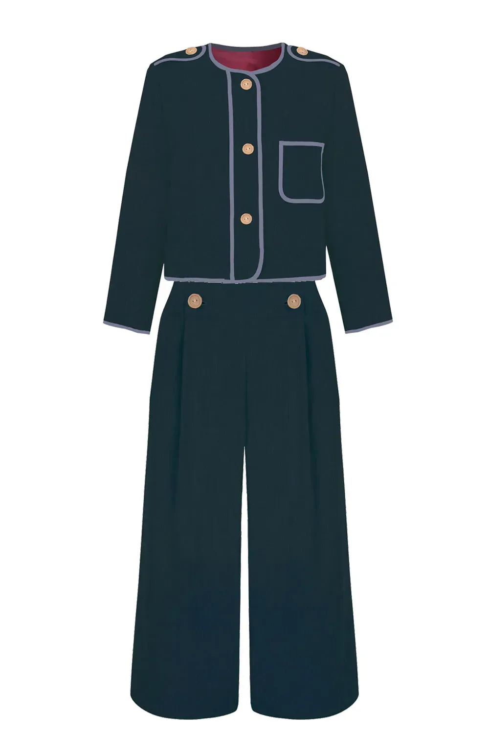 Conjunto azul marino de chaqueta Kaiku y pantalón Elkano, confeccionado en algodón orgánico en Euskadi. Edición limitada.