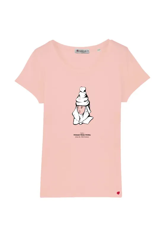 Vitoria-woman-mujer-camiseta-burukoak-amarenak-moda-sostenible-algodon-organico-moda-vasca