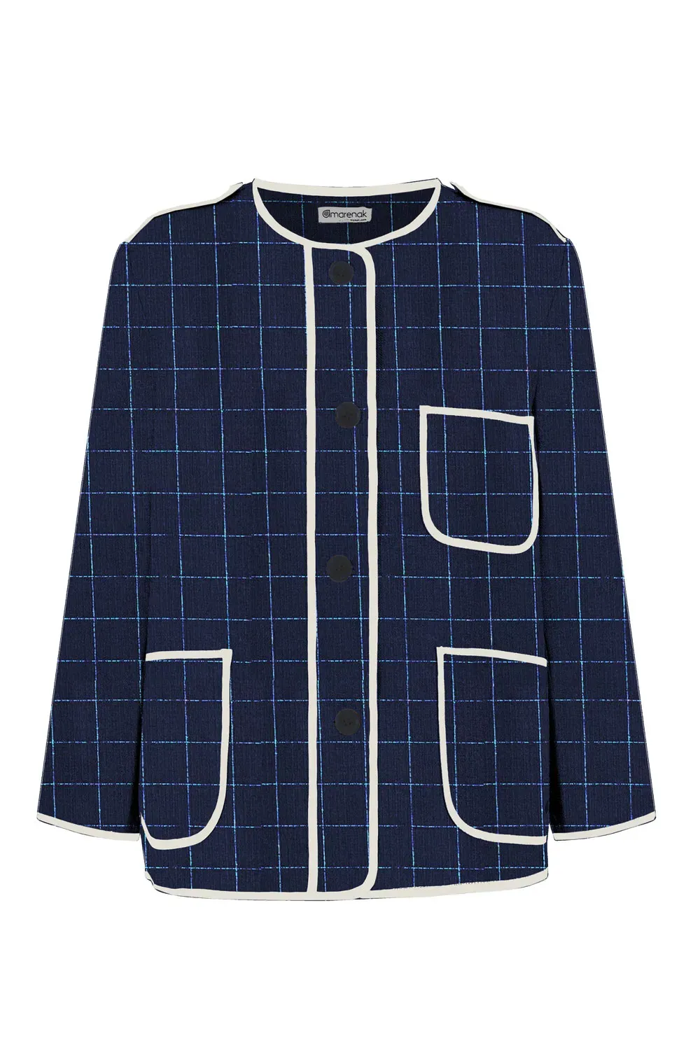 Chaqueta Kaiku LAU azul marino a cuadros, diseño vasco exclusivo hecho en algodón orgánico en Euskadi.