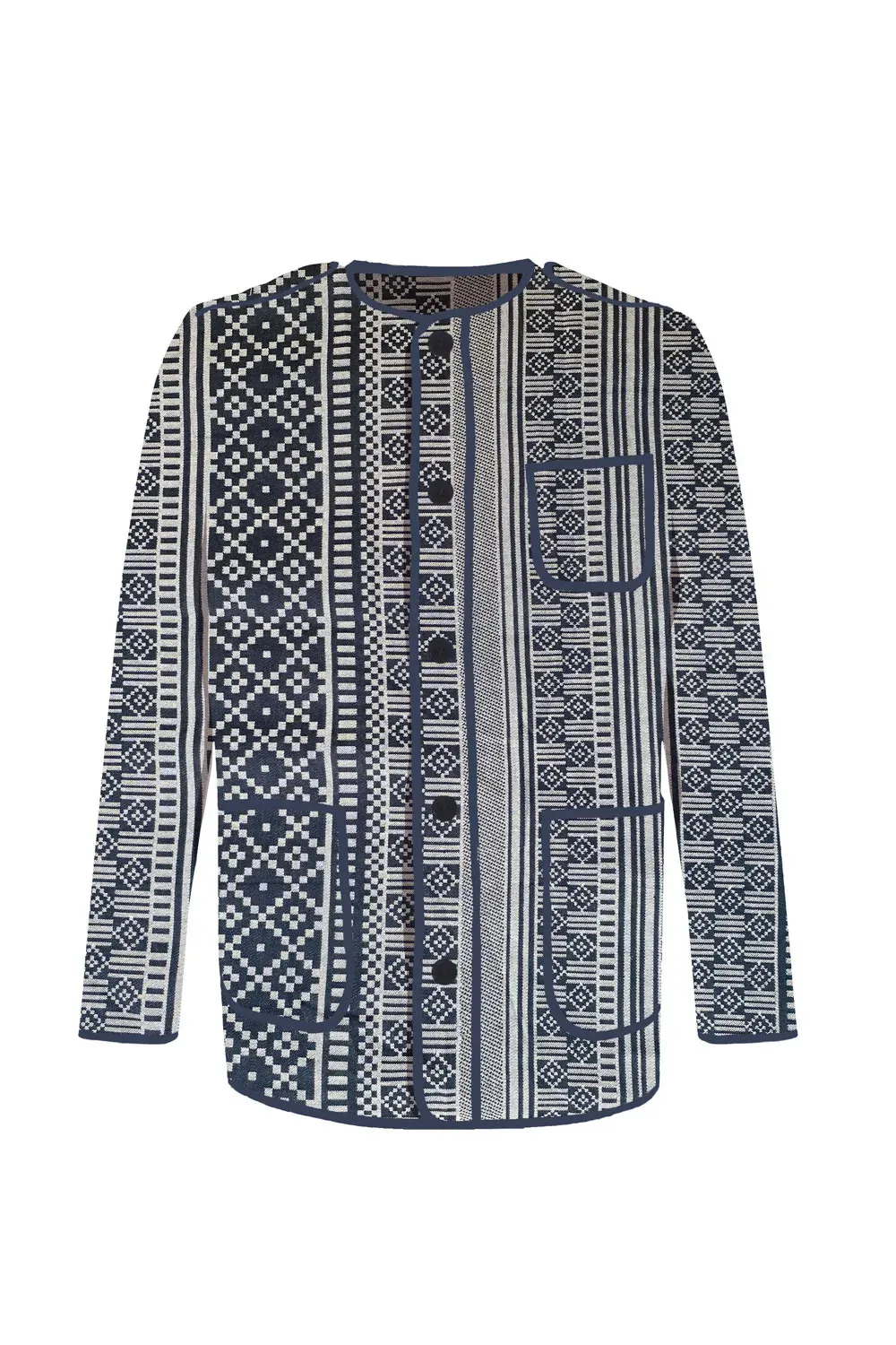 Chaqueta Kaiku TISSAGE MOUTET MARINE azul marino con motivo, diseño vasco exclusivo hecho en algodón en Euskadi.