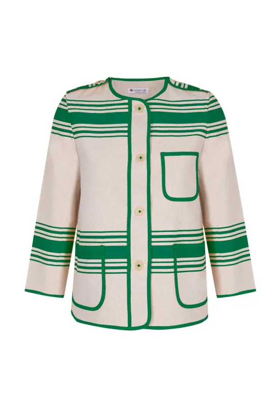 chaqueta kaiku de verano Amarenak de lino de rayas verdes. Hecha en españa. diseño exclusivo.